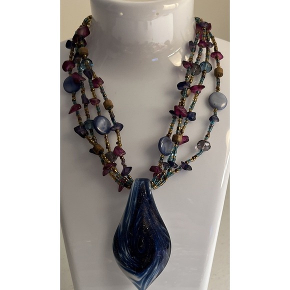 Vintage CG Necklace Stunning Blue Glass Pendant Multi Strand Beads Boho Artsy - Picture 6 of 8